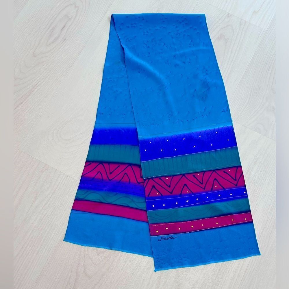 Vintage hand painted silk jewel tones rectangular scarf signed